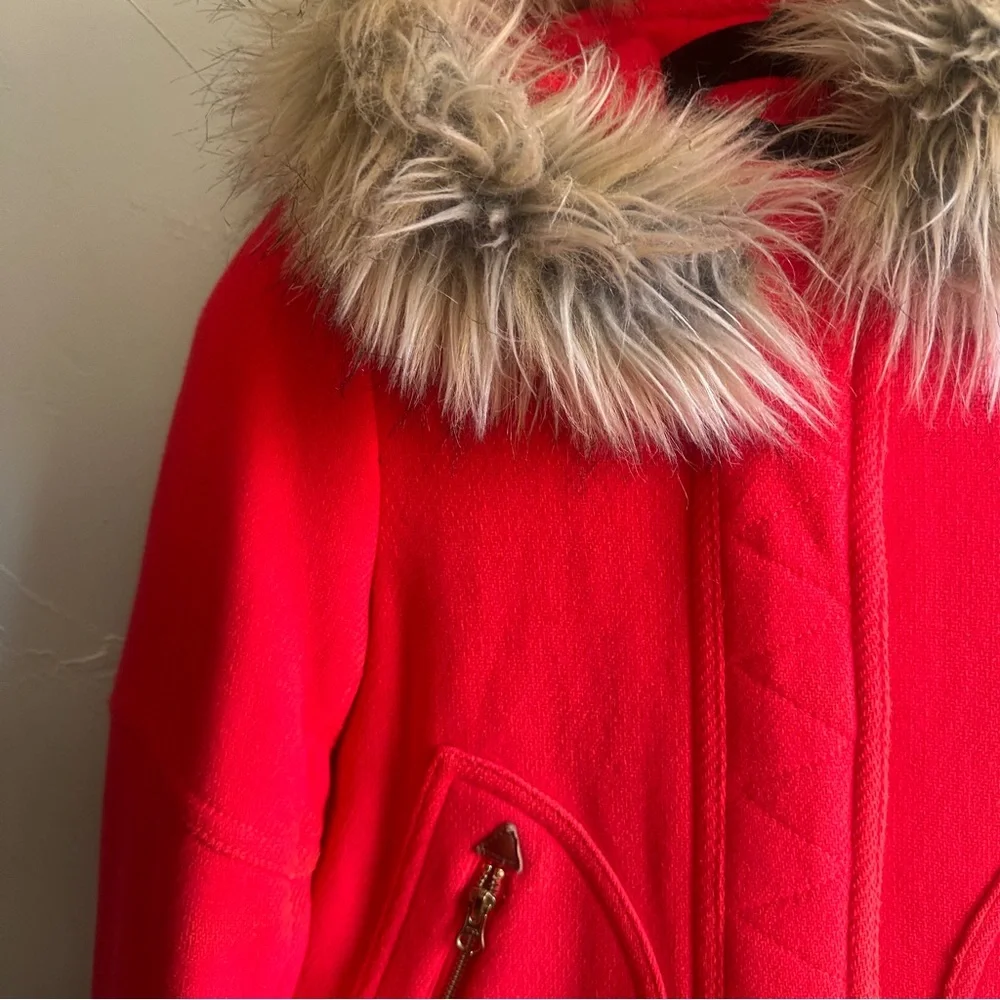 J. Crew Stadium Cloth Red Wool Coat w/ Faux Fur Hood Statement Winter Parka 2P - Picture 2 of 16